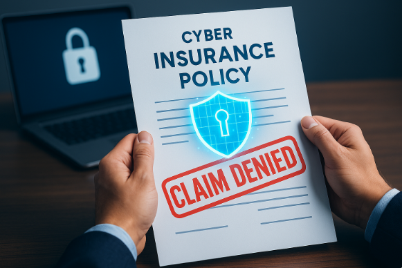 Cyber-insurance policy marked Claim Denied with digital security shield overlay
